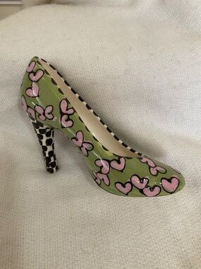Robin Sterling Ceramic High Heel Pump Shoe Light Green Pink Hearts Checked Heel